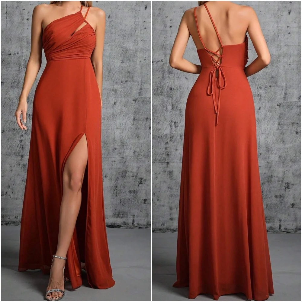 Luxe One Shoulder Lace up Back Maxi Dress - Picture 1 of 4